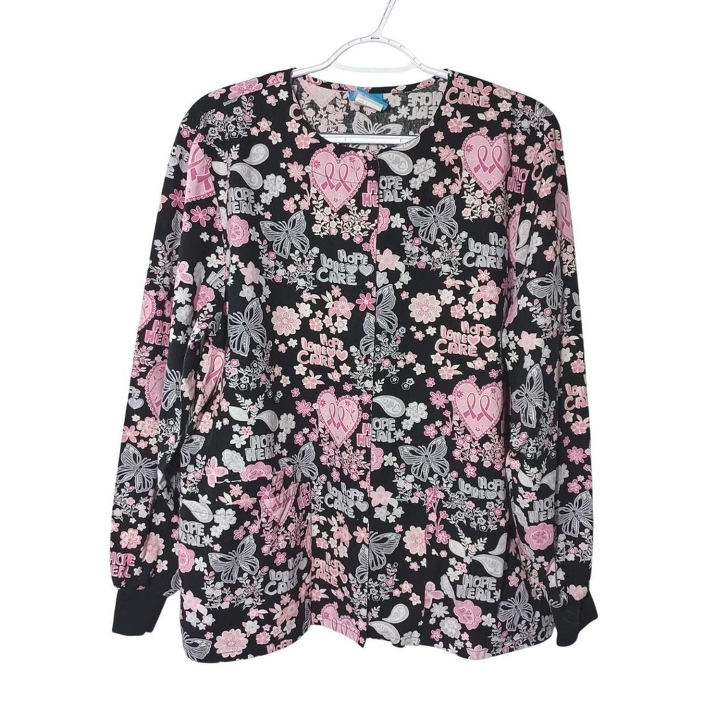 H.Q. Scrub Breast Cancer L/S Black Pink Top Size S Nurse Medical